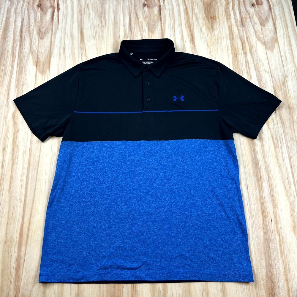 Under Armour Playoff Polo Shirt Mens XL Blue Black Colorblock Short Sleeve Golf